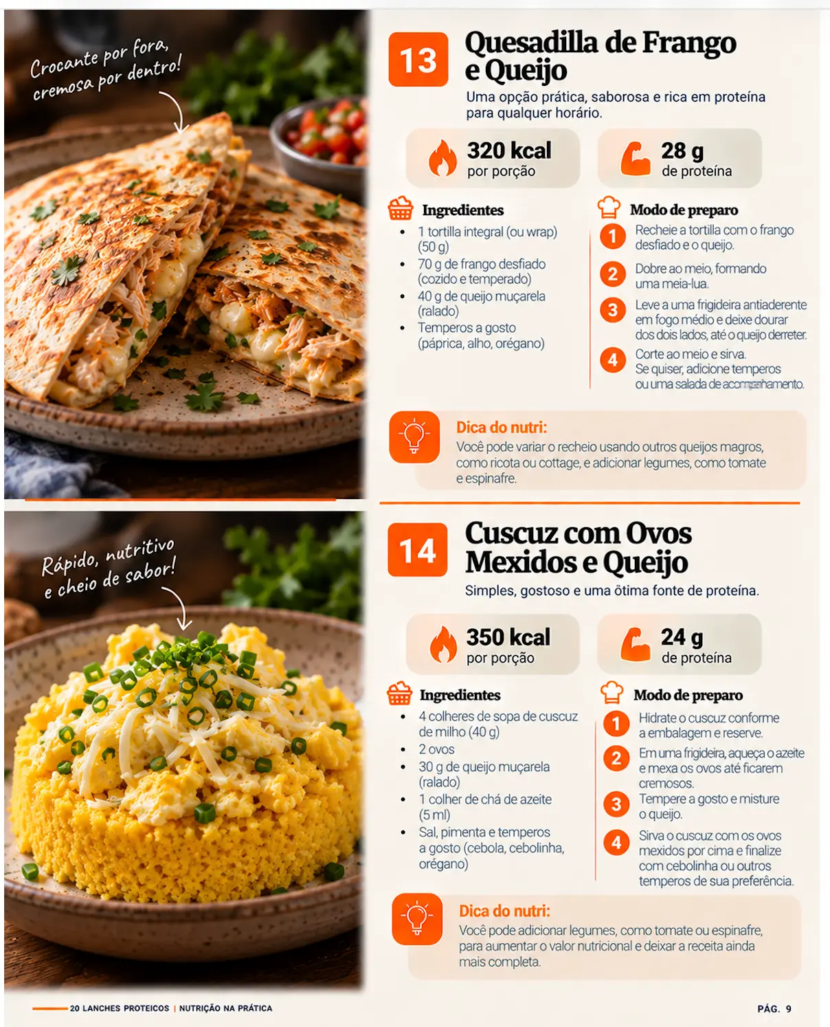 Página do e-book com as receitas Quesadilla de Frango e Queijo e Cuscuz com Ovos Mexidos e Queijo